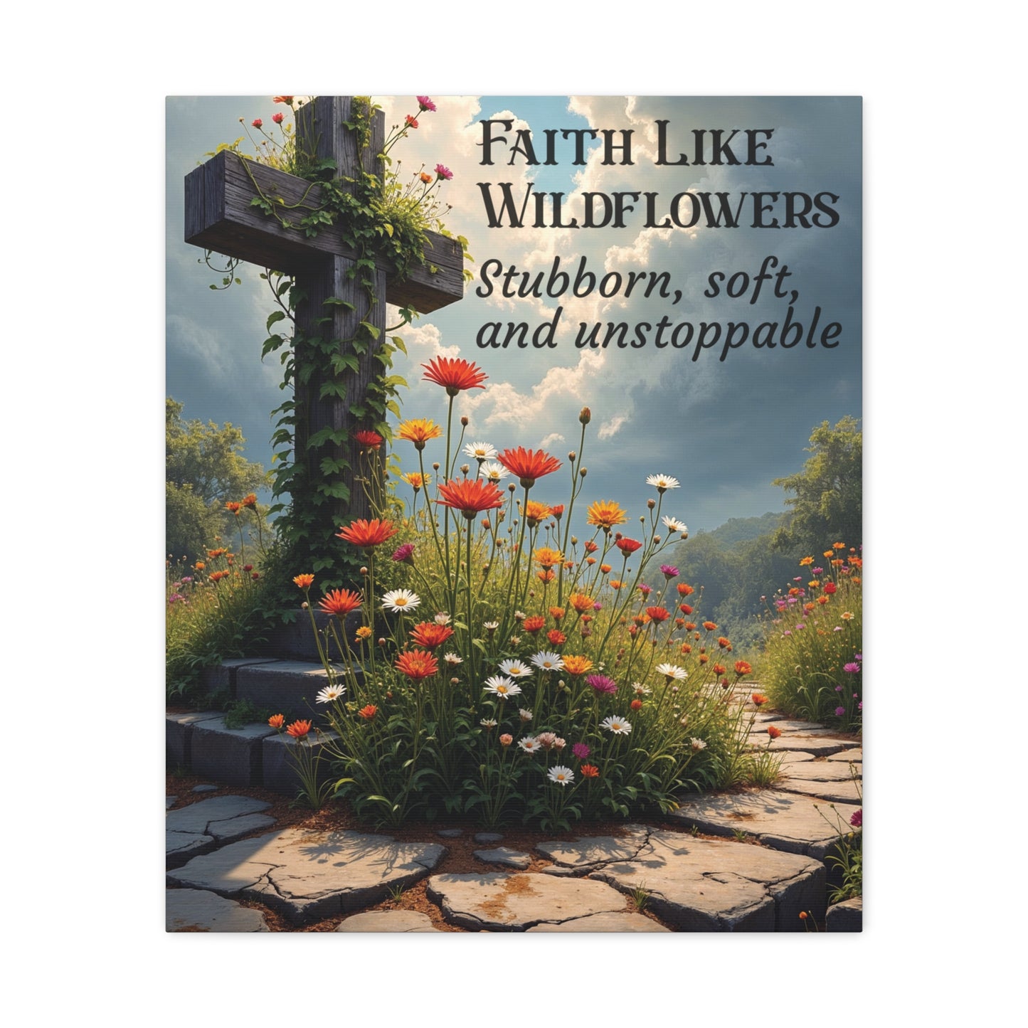 Faith Like Wildflowers Canvas Wall Art – Rustic Christian Decor, Wildflower Cross Artwork, Frameless Print