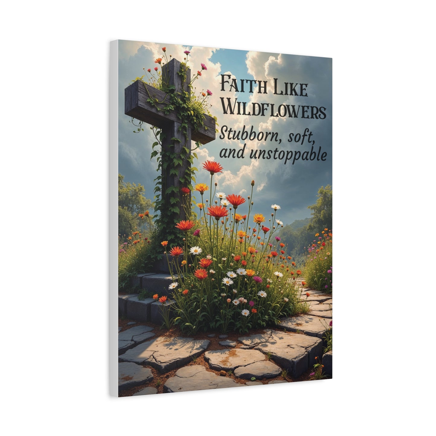 Faith Like Wildflowers Canvas Wall Art – Rustic Christian Decor, Wildflower Cross Artwork, Frameless Print