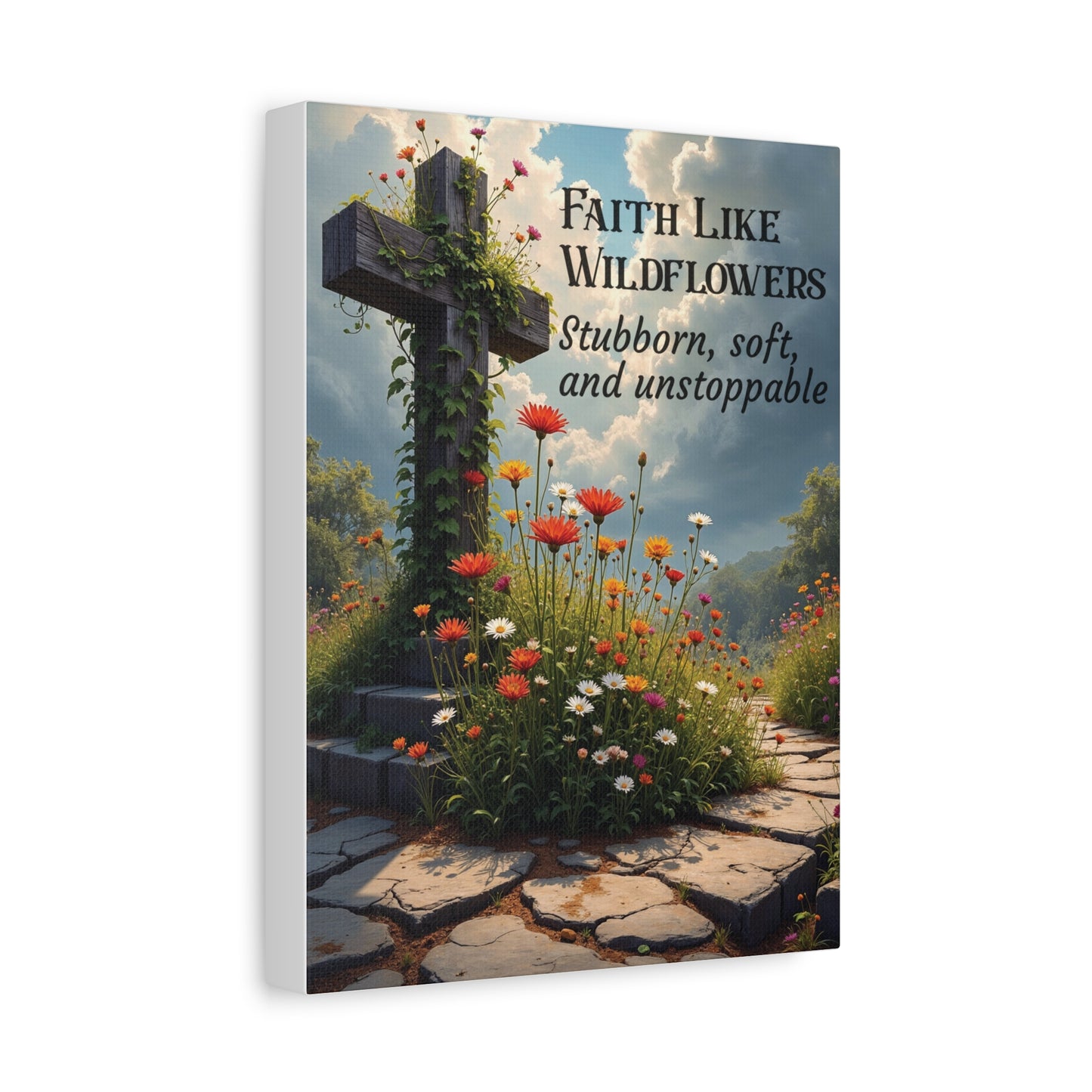 Faith Like Wildflowers Canvas Wall Art – Rustic Christian Decor, Wildflower Cross Artwork, Frameless Print
