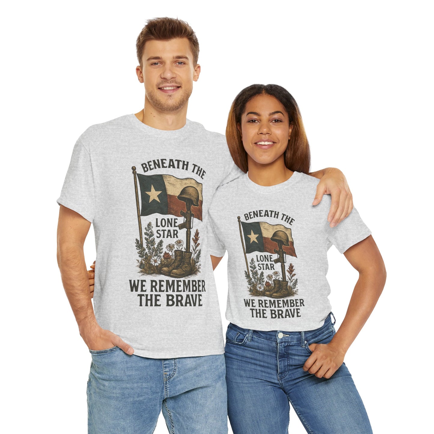 Beneath the Lone Star – Texas Patriotic Memorial Tribute T-Shirt (Gildan 5000)