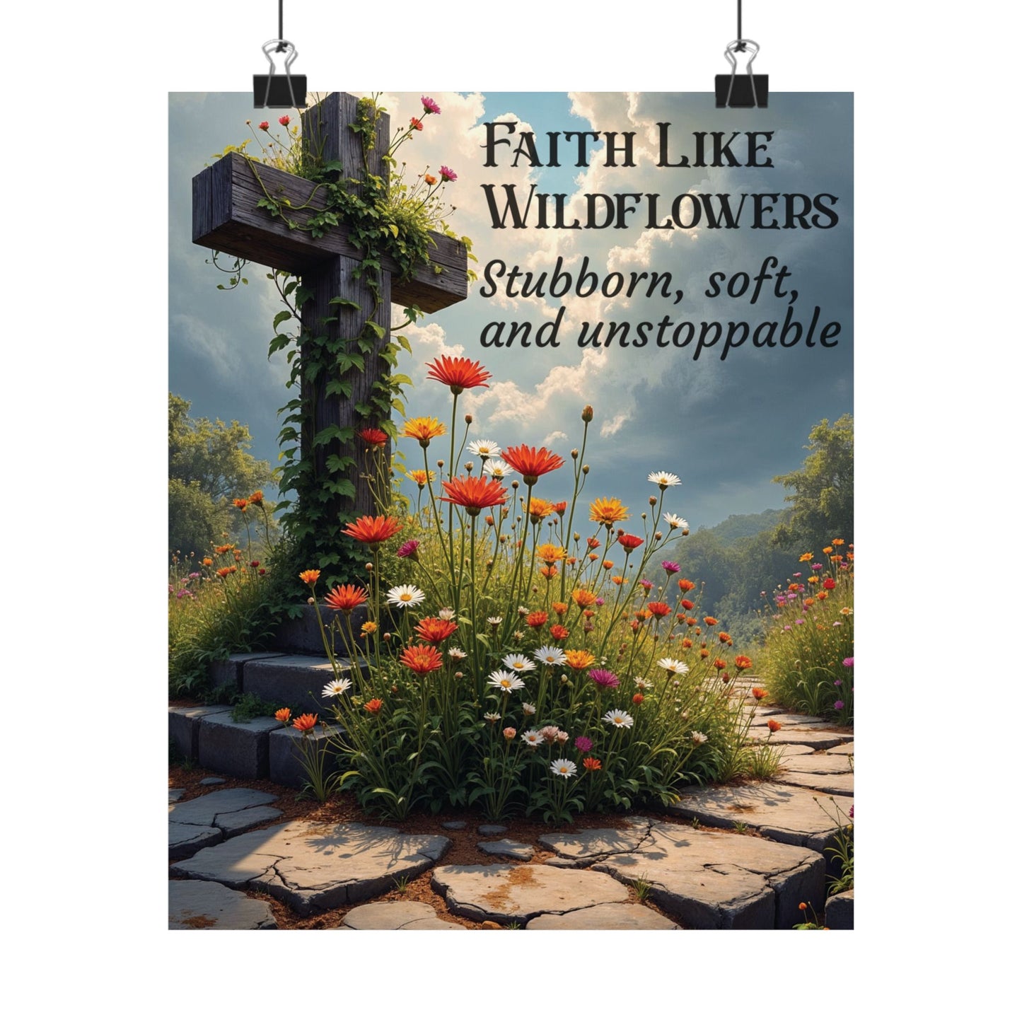 Faith Like Wildflowers Christian Poster – Inspirational Cross & Wildflower Print, Archival Quality, Multiple Sizes
