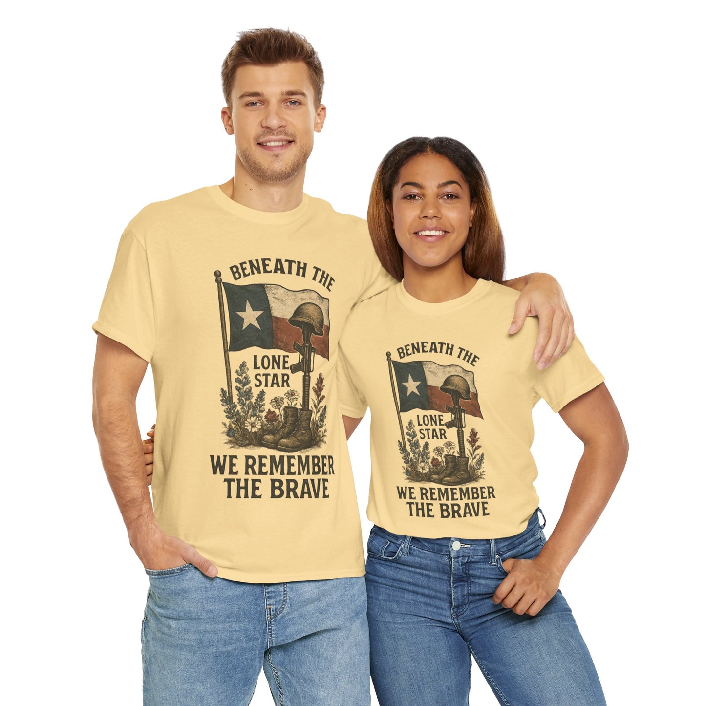 Beneath the Lone Star – Texas Patriotic Memorial Tribute T-Shirt (Gildan 5000)