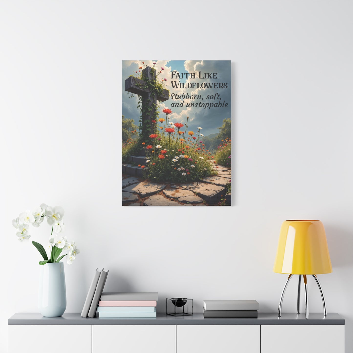 Faith Like Wildflowers Canvas Wall Art – Rustic Christian Decor, Wildflower Cross Artwork, Frameless Print