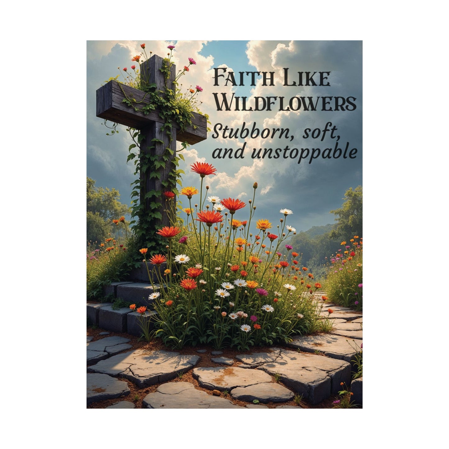 Faith Like Wildflowers Christian Poster – Inspirational Cross & Wildflower Print, Archival Quality, Multiple Sizes