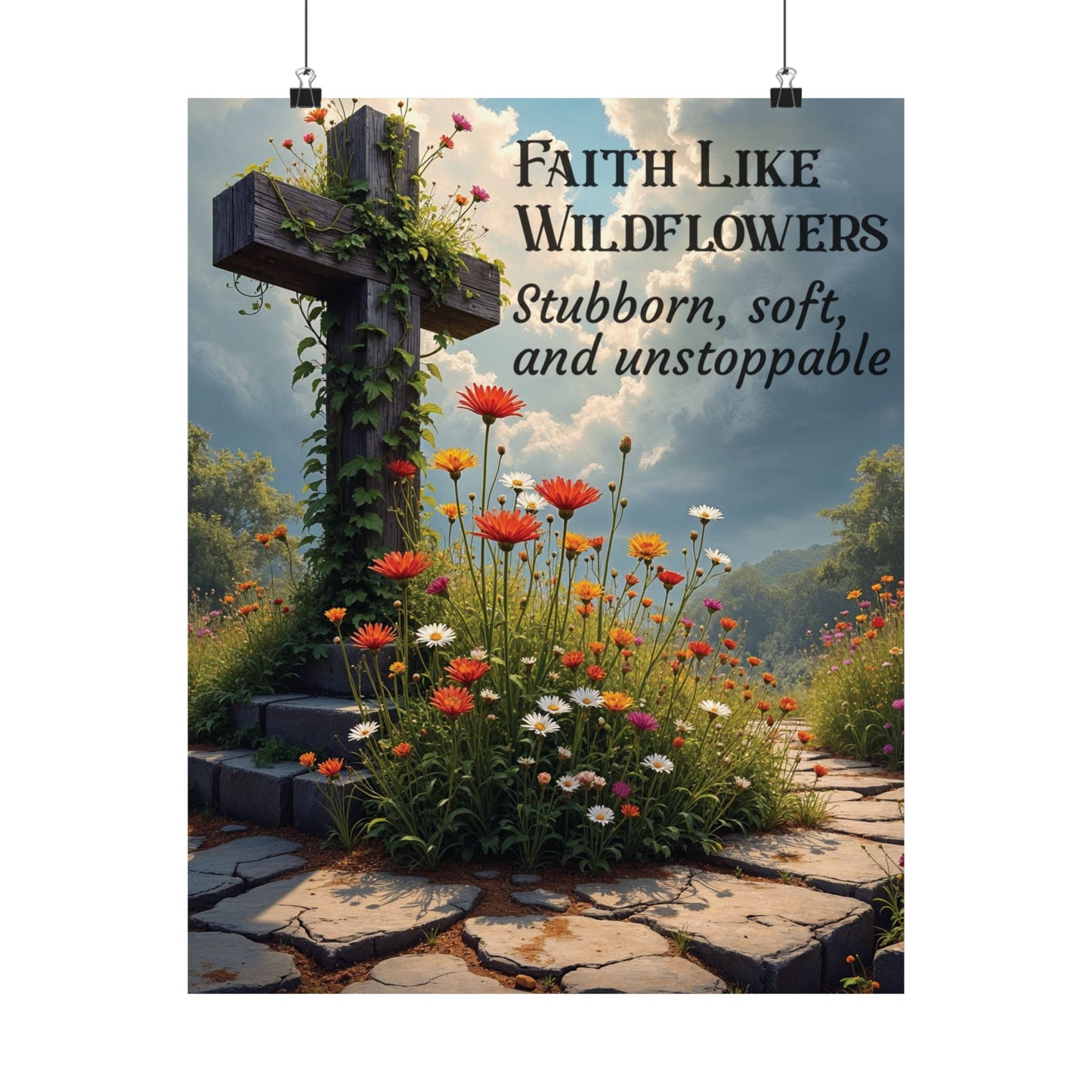 Faith Like Wildflowers Christian Poster – Inspirational Cross & Wildflower Print, Archival Quality, Multiple Sizes
