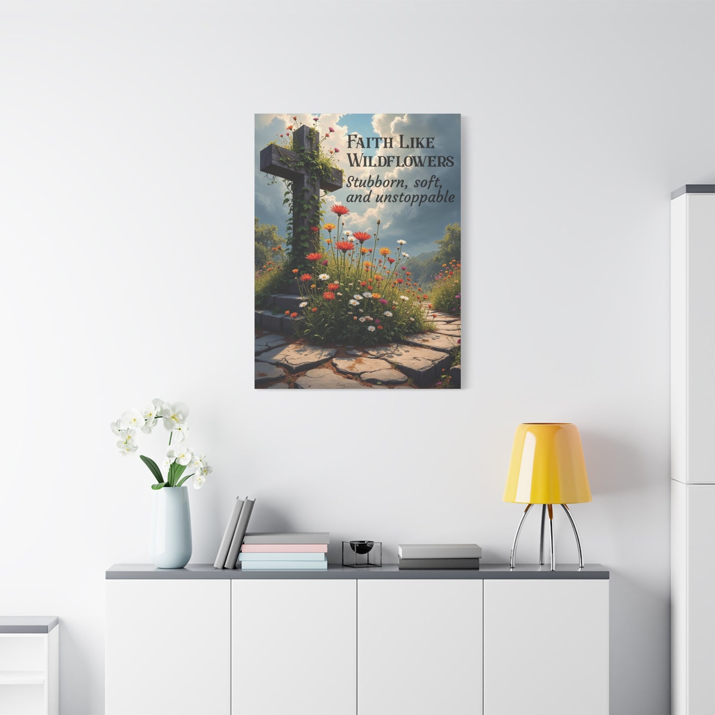Faith Like Wildflowers Canvas Wall Art – Rustic Christian Decor, Wildflower Cross Artwork, Frameless Print