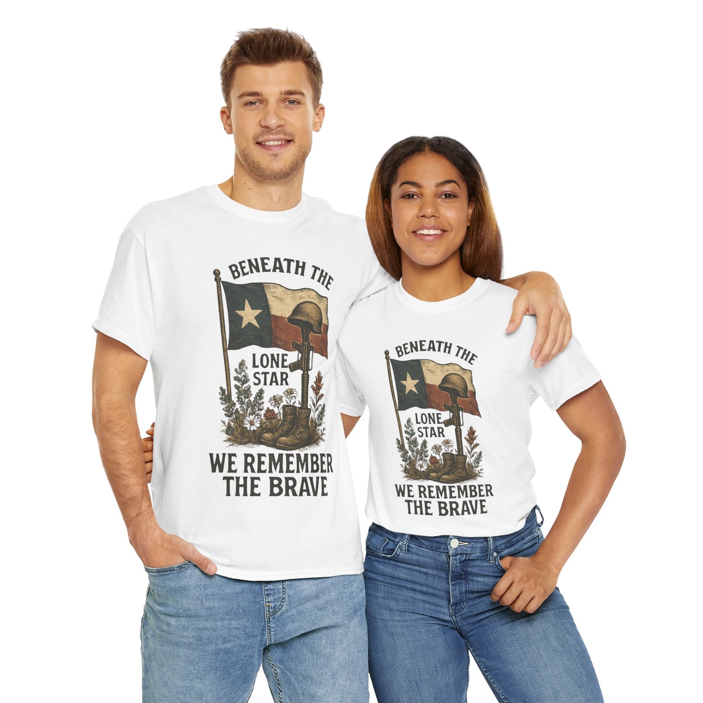 Beneath the Lone Star – Texas Patriotic Memorial Tribute T-Shirt (Gildan 5000)