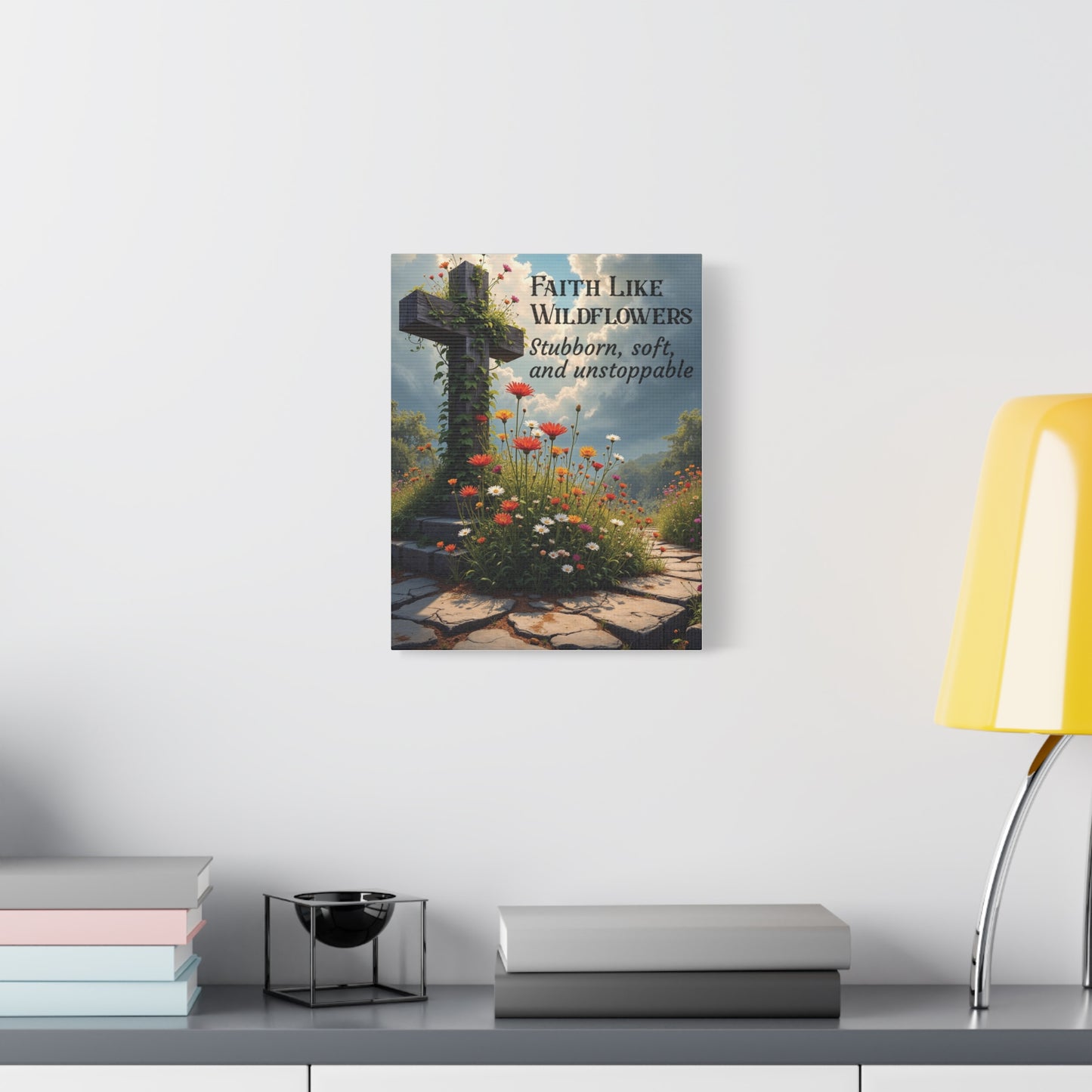 Faith Like Wildflowers Canvas Wall Art – Rustic Christian Decor, Wildflower Cross Artwork, Frameless Print