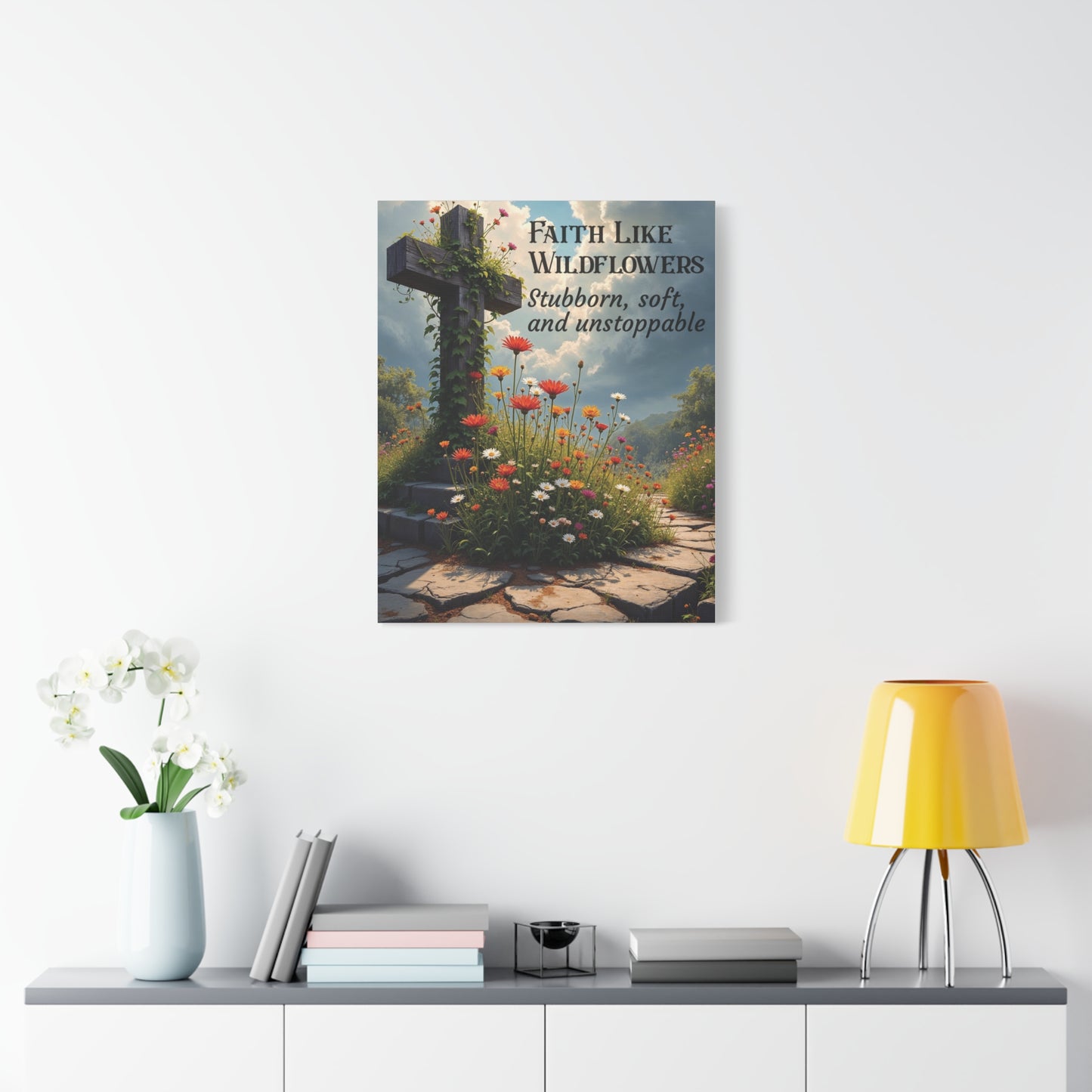 Faith Like Wildflowers Canvas Wall Art – Rustic Christian Decor, Wildflower Cross Artwork, Frameless Print