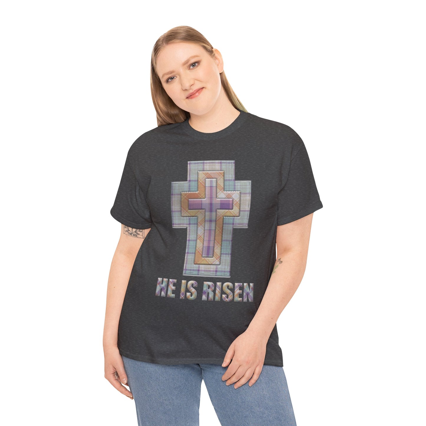 He Is Risen – Pastel Quilt Cross T-Shirt