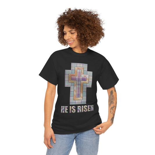 He Is Risen – Pastel Quilt Cross T-Shirt