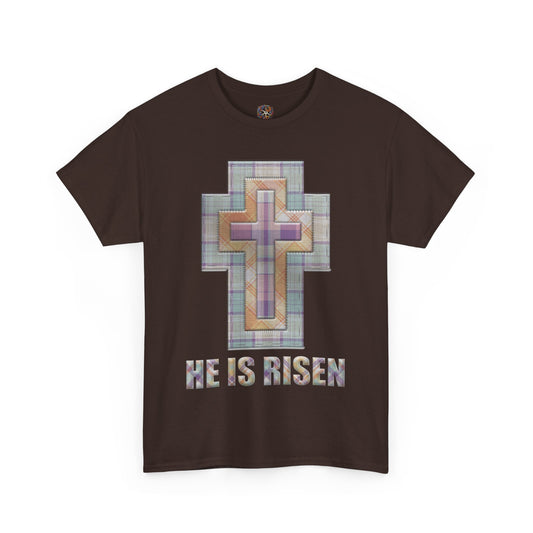 He Is Risen – Pastel Quilt Cross T-Shirt