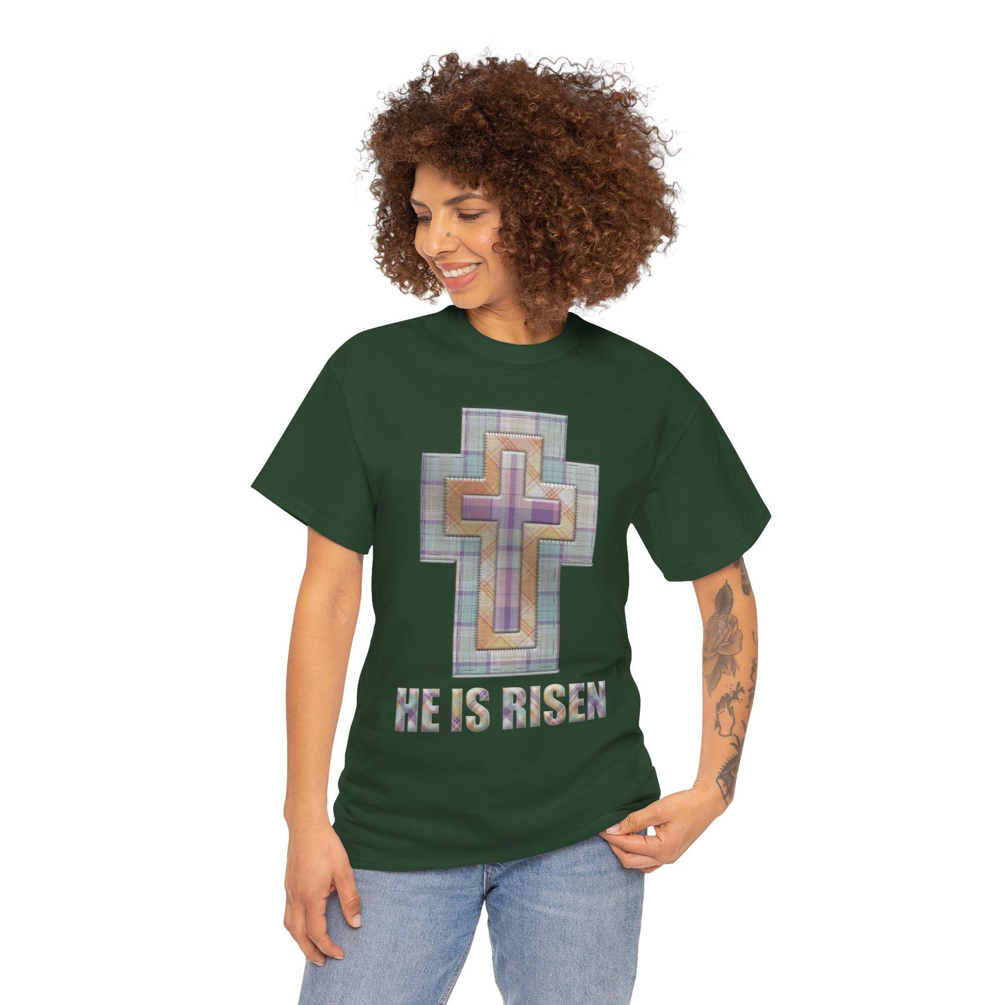 He Is Risen – Pastel Quilt Cross T-Shirt
