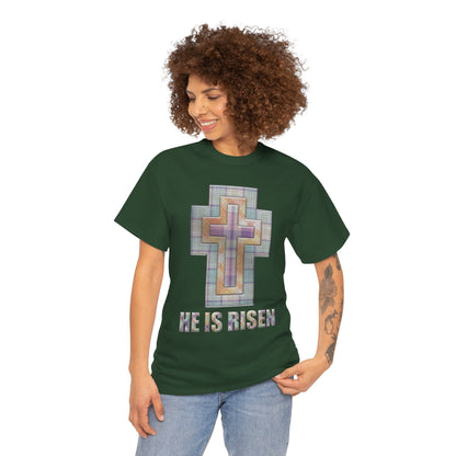 He Is Risen – Pastel Quilt Cross T-Shirt