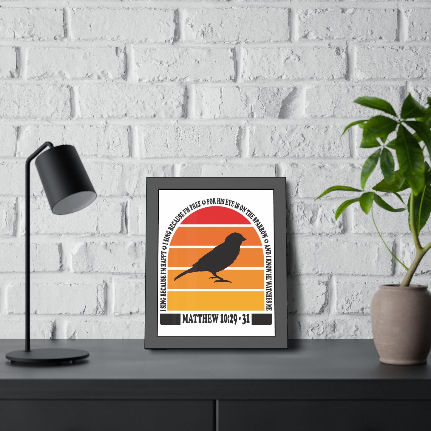 Inspirational Framed Paper Poster - "His Eye is On the Sparrow" Matthew 10:29-31