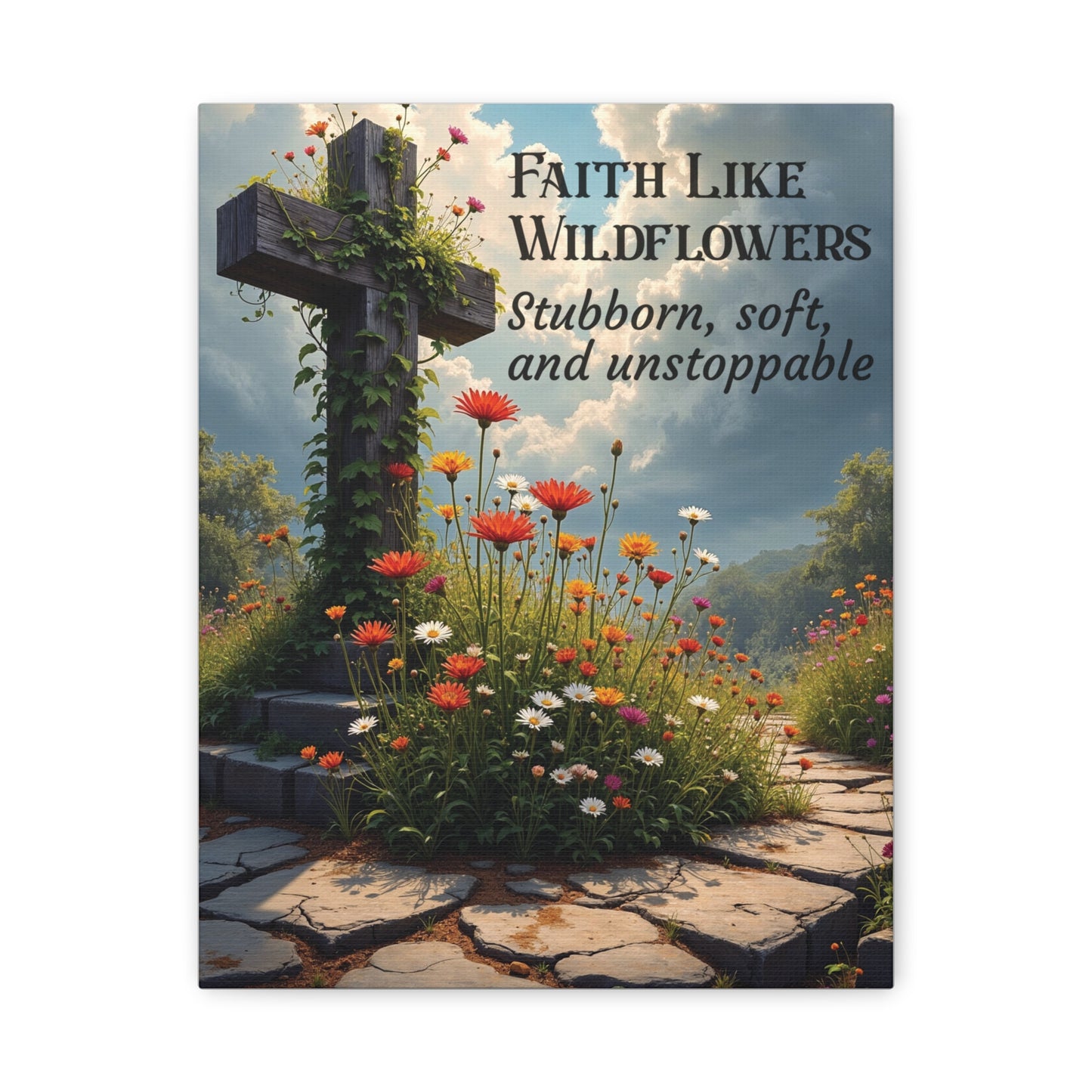 Faith Like Wildflowers Canvas Wall Art – Rustic Christian Decor, Wildflower Cross Artwork, Frameless Print