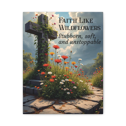 Faith Like Wildflowers Canvas Wall Art – Rustic Christian Decor, Wildflower Cross Artwork, Frameless Print