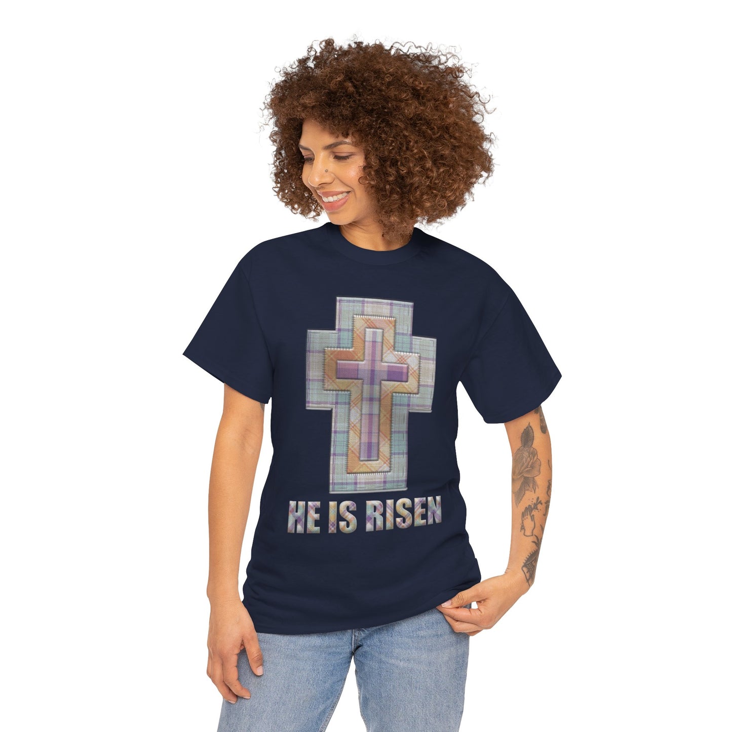 He Is Risen – Pastel Quilt Cross T-Shirt