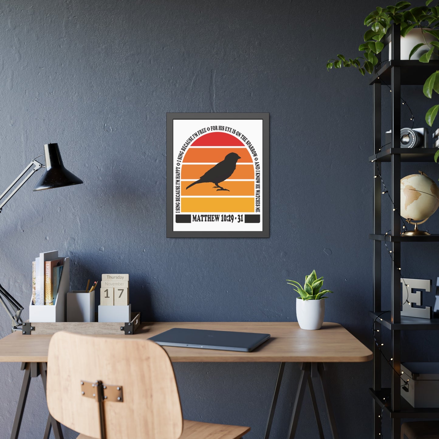 Inspirational Framed Paper Poster - "His Eye is On the Sparrow" Matthew 10:29-31