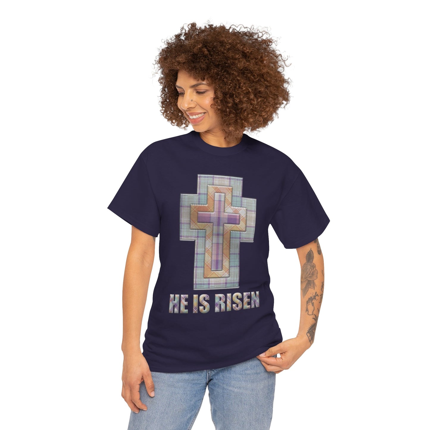 He Is Risen – Pastel Quilt Cross T-Shirt