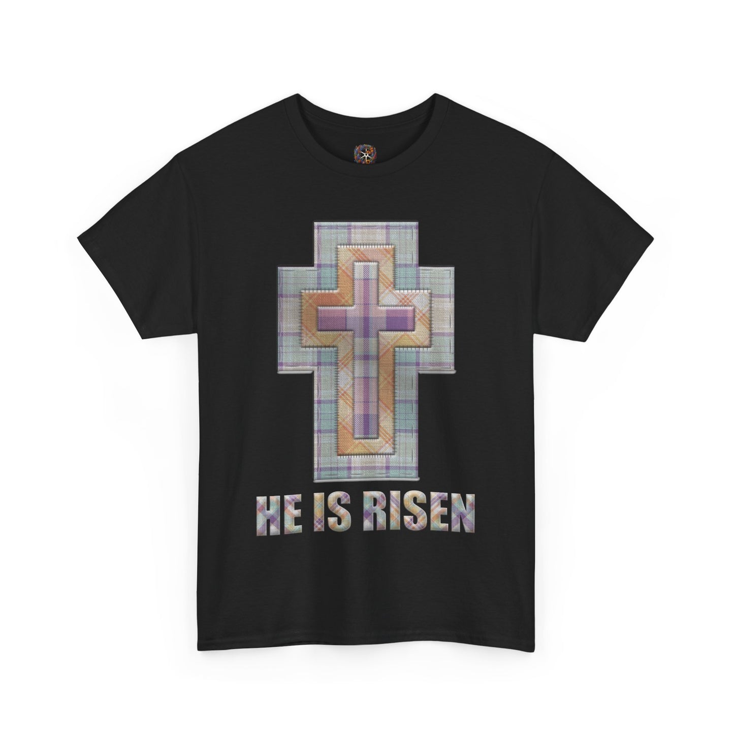 He Is Risen – Pastel Quilt Cross T-Shirt