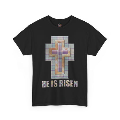 He Is Risen – Pastel Quilt Cross T-Shirt