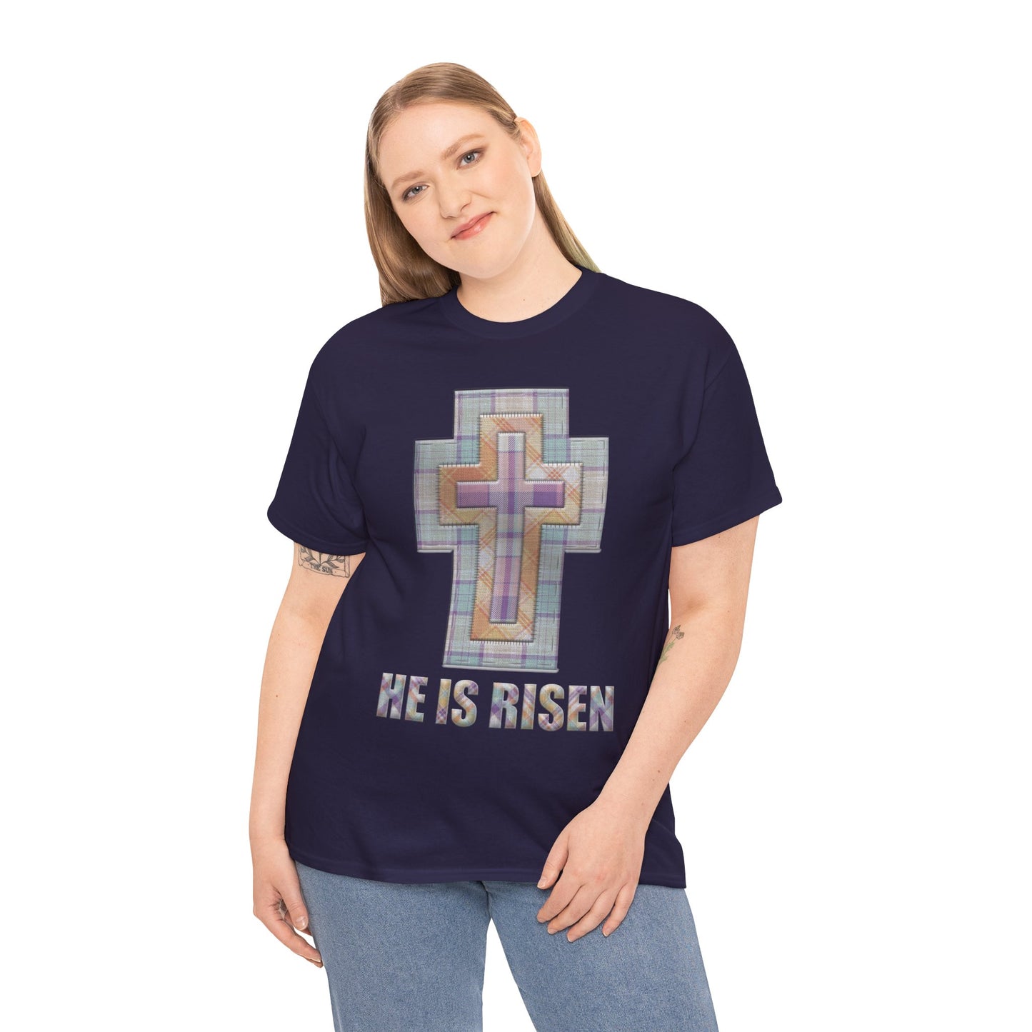 He Is Risen – Pastel Quilt Cross T-Shirt