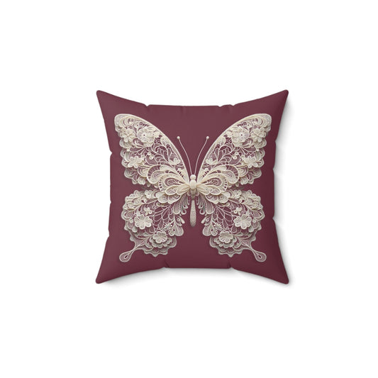 Square Pillow - Lace Butterfly on Burgundy - Motor Girl Boutique