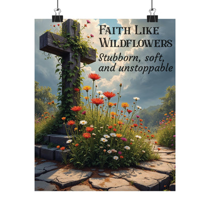 Faith Like Wildflowers Christian Poster – Inspirational Cross & Wildflower Print, Archival Quality, Multiple Sizes