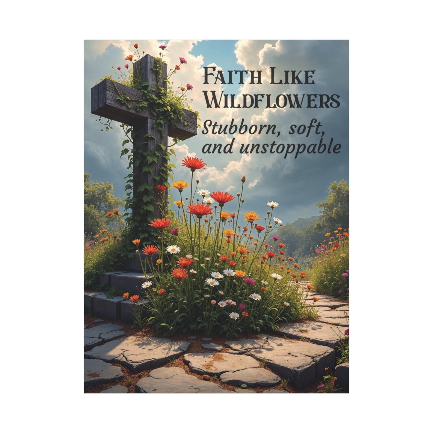 Faith Like Wildflowers Canvas Wall Art – Rustic Christian Decor, Wildflower Cross Artwork, Frameless Print