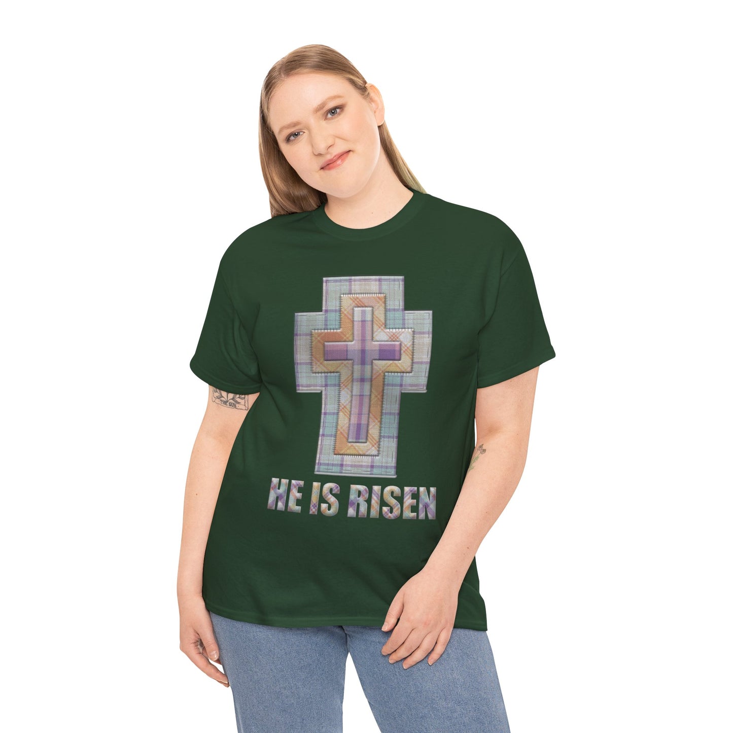 He Is Risen – Pastel Quilt Cross T-Shirt