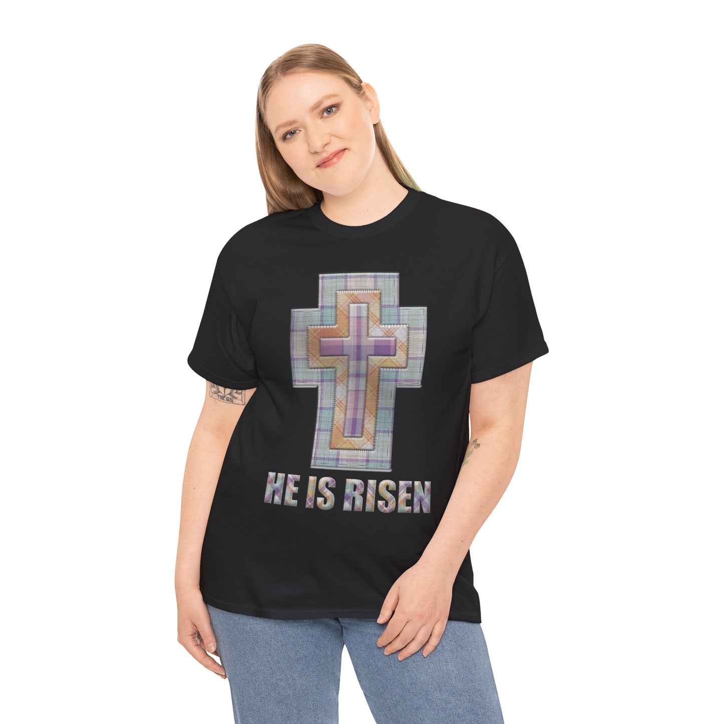 He Is Risen – Pastel Quilt Cross T-Shirt
