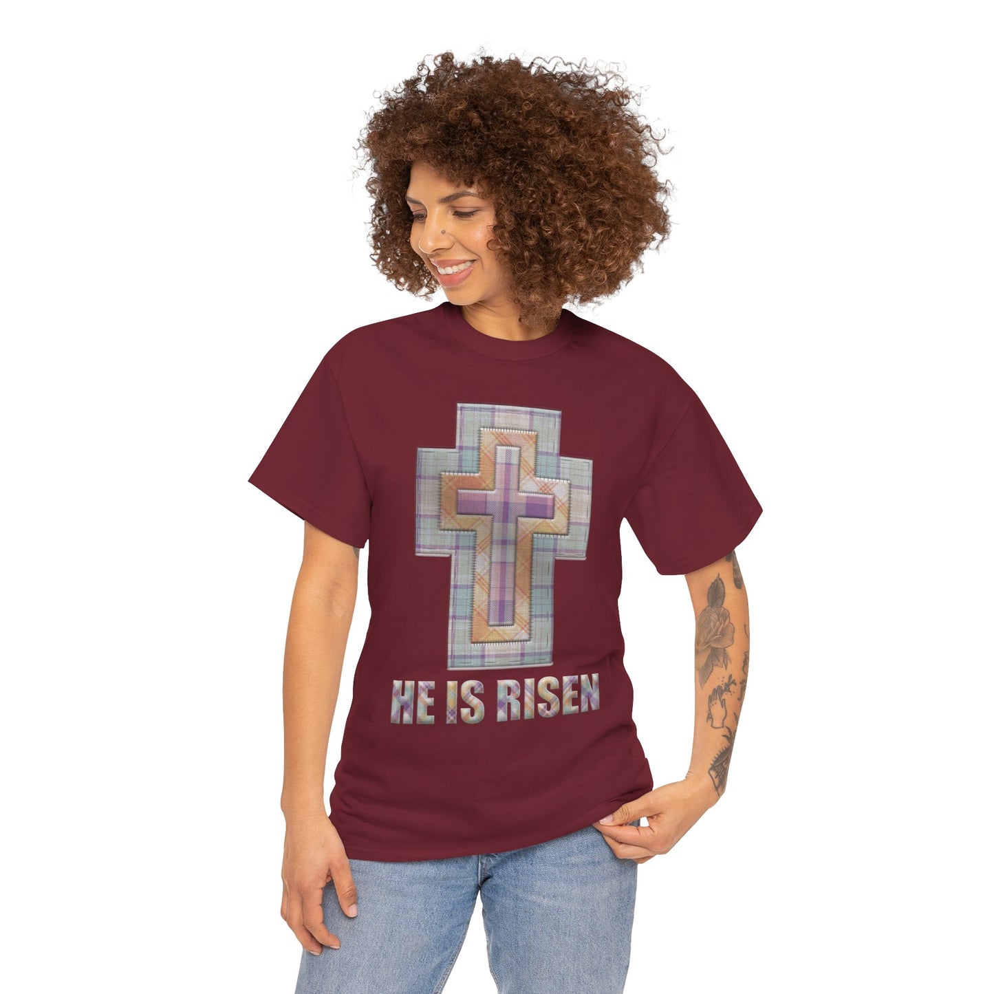 He Is Risen – Pastel Quilt Cross T-Shirt