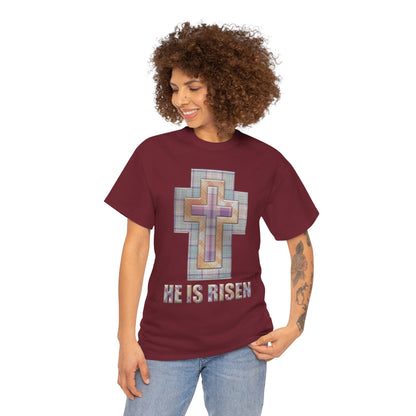 He Is Risen – Pastel Quilt Cross T-Shirt
