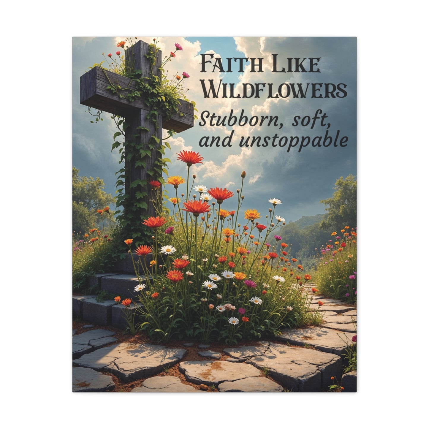 Faith Like Wildflowers Canvas Wall Art – Rustic Christian Decor, Wildflower Cross Artwork, Frameless Print