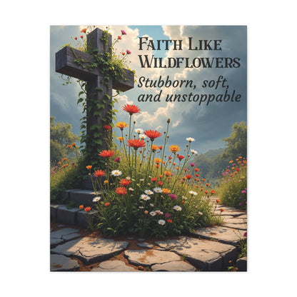 Faith Like Wildflowers Canvas Wall Art – Rustic Christian Decor, Wildflower Cross Artwork, Frameless Print