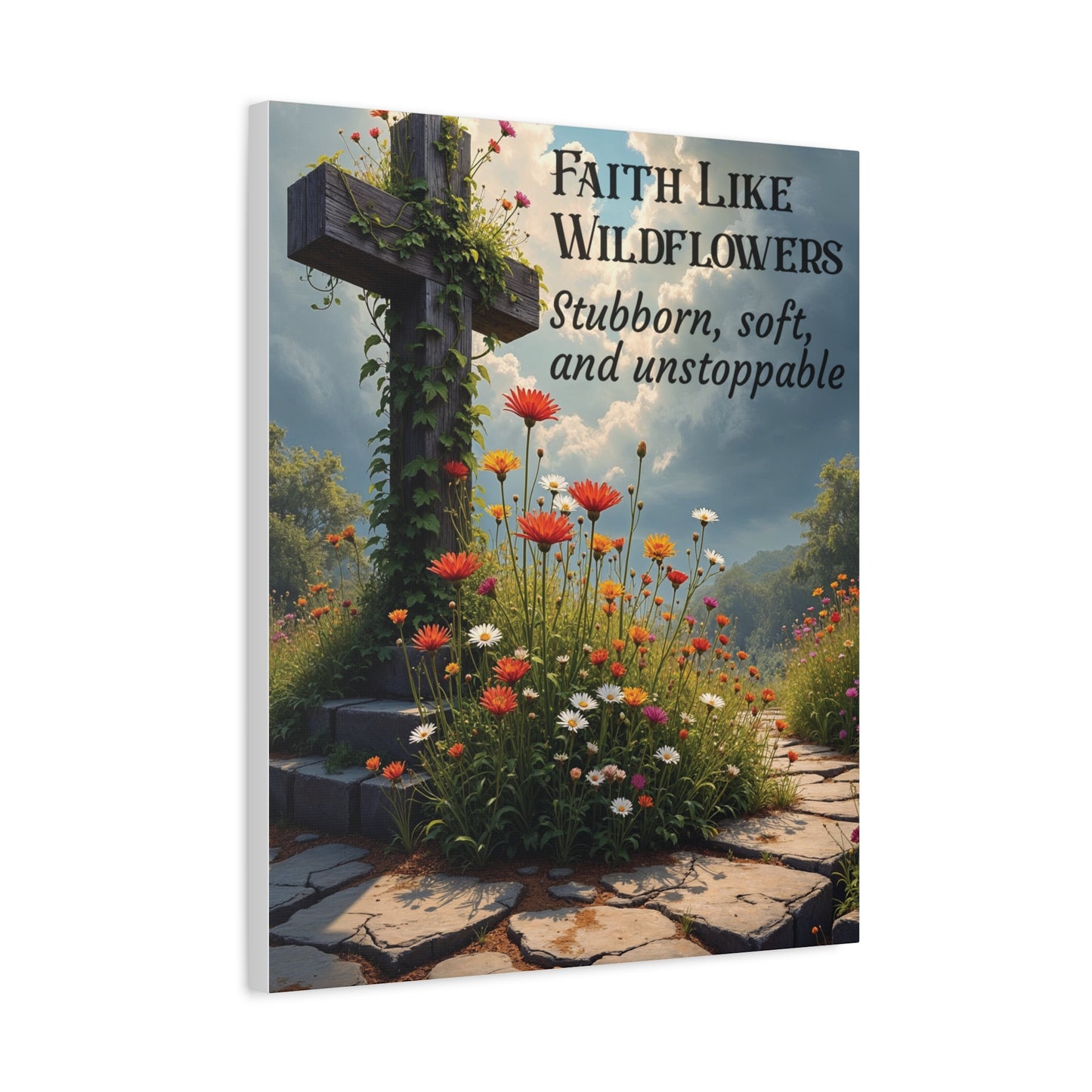 Faith Like Wildflowers Canvas Wall Art – Rustic Christian Decor, Wildflower Cross Artwork, Frameless Print