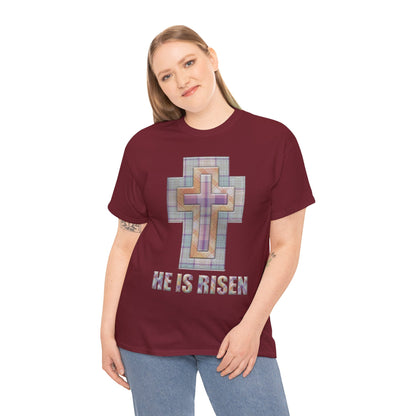 He Is Risen – Pastel Quilt Cross T-Shirt