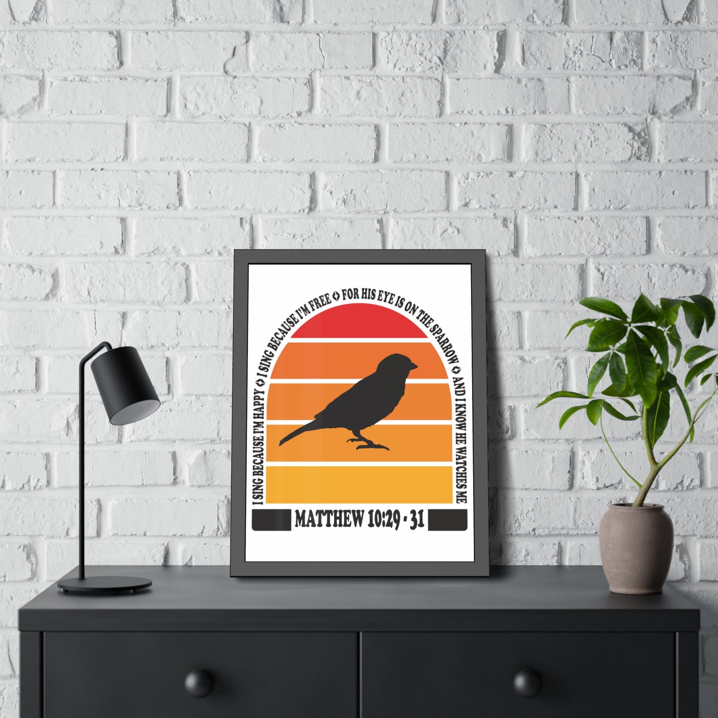 Inspirational Framed Paper Poster - "His Eye is On the Sparrow" Matthew 10:29-31