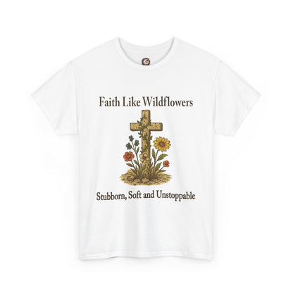 Faith Like Wildflowers – Christian Cross & Floral Gildan T-Shirt
