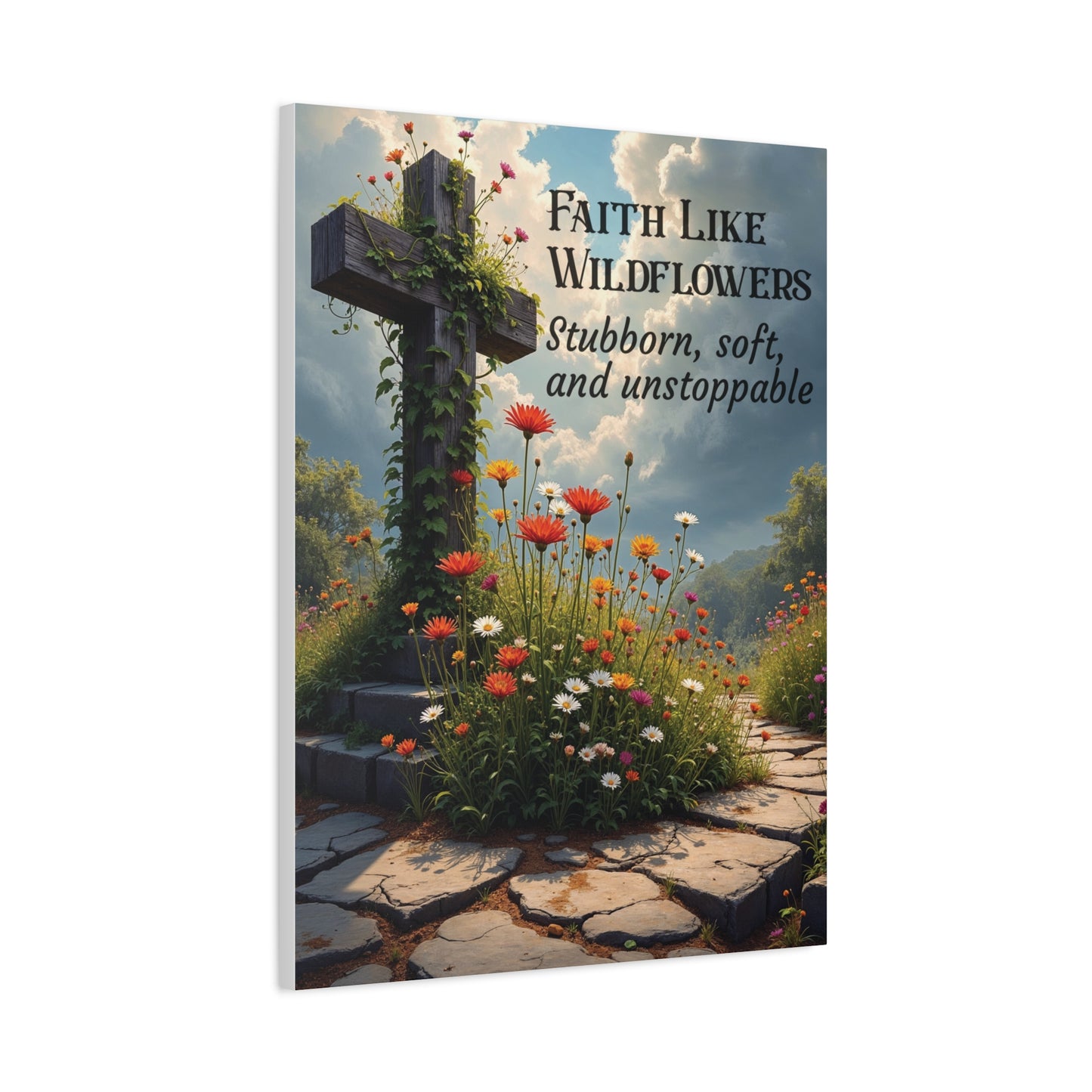 Faith Like Wildflowers Canvas Wall Art – Rustic Christian Decor, Wildflower Cross Artwork, Frameless Print