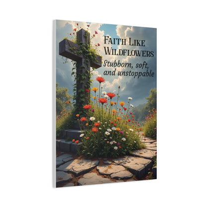 Faith Like Wildflowers Canvas Wall Art – Rustic Christian Decor, Wildflower Cross Artwork, Frameless Print
