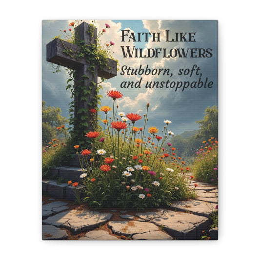 Faith Like Wildflowers Canvas Wall Art – Rustic Christian Decor, Wildflower Cross Artwork, Frameless Print