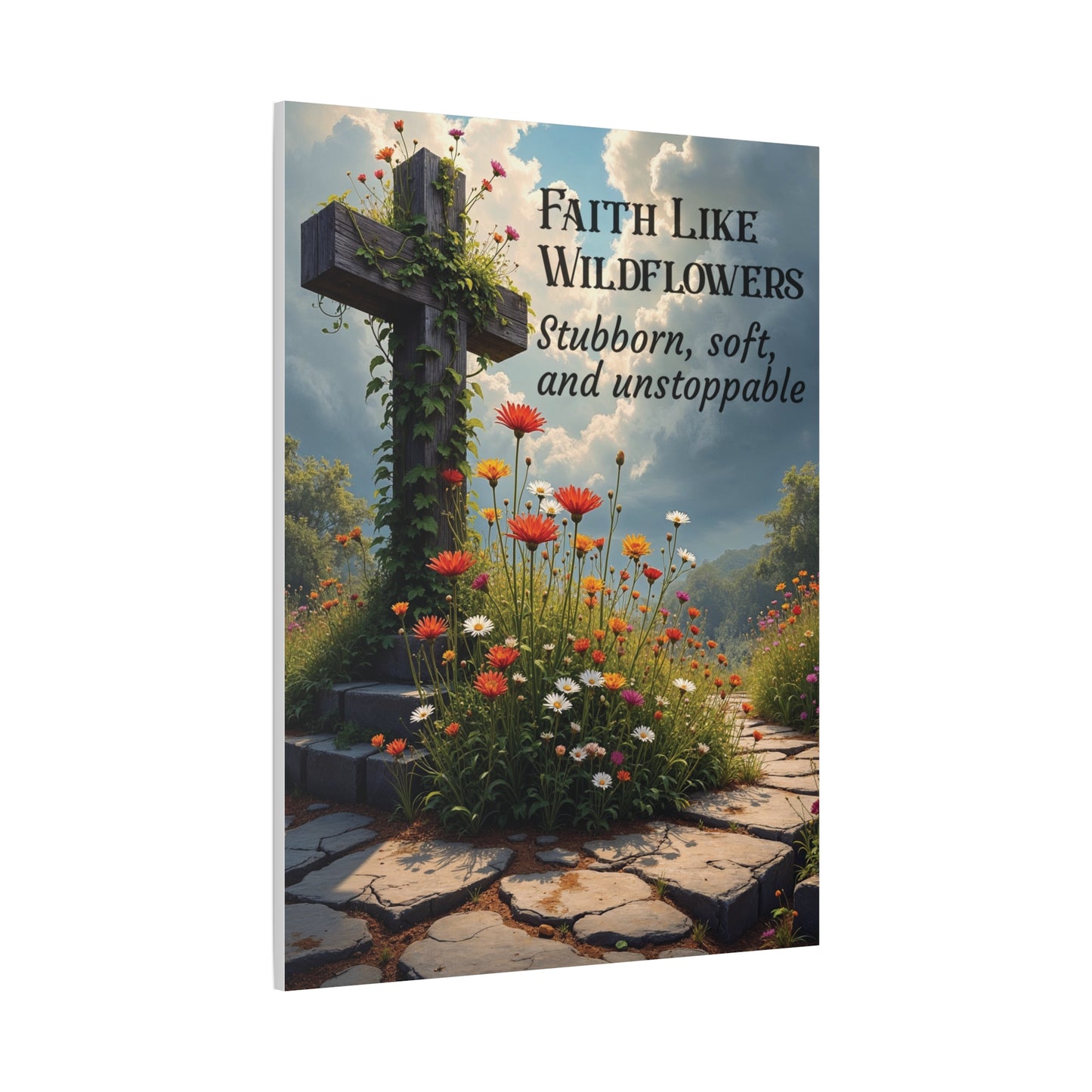 Faith Like Wildflowers Canvas Wall Art – Rustic Christian Decor, Wildflower Cross Artwork, Frameless Print