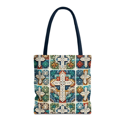 Tote Bag – Faux Crochet Cross Pattern Faith Meets Function with a Pop of Color - Motor Girl Boutique