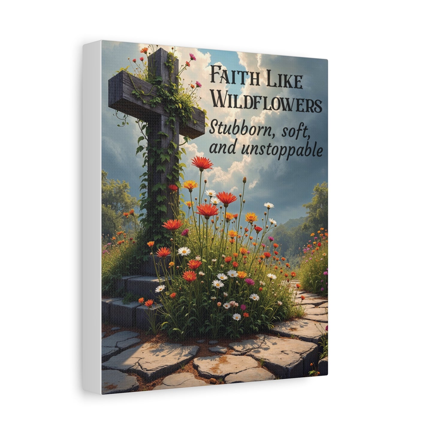 Faith Like Wildflowers Canvas Wall Art – Rustic Christian Decor, Wildflower Cross Artwork, Frameless Print