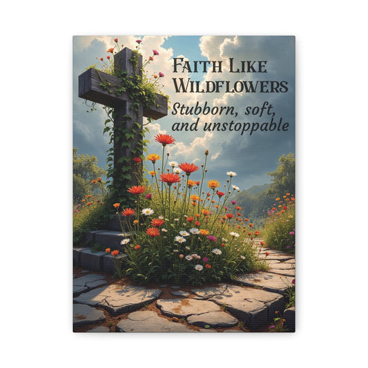 Faith Like Wildflowers Canvas Wall Art – Rustic Christian Decor, Wildflower Cross Artwork, Frameless Print