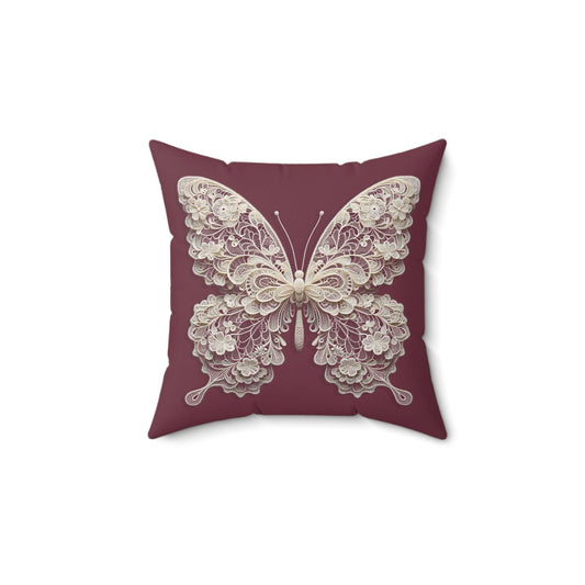 Square Pillow - Lace Butterfly on Burgundy - Motor Girl Boutique