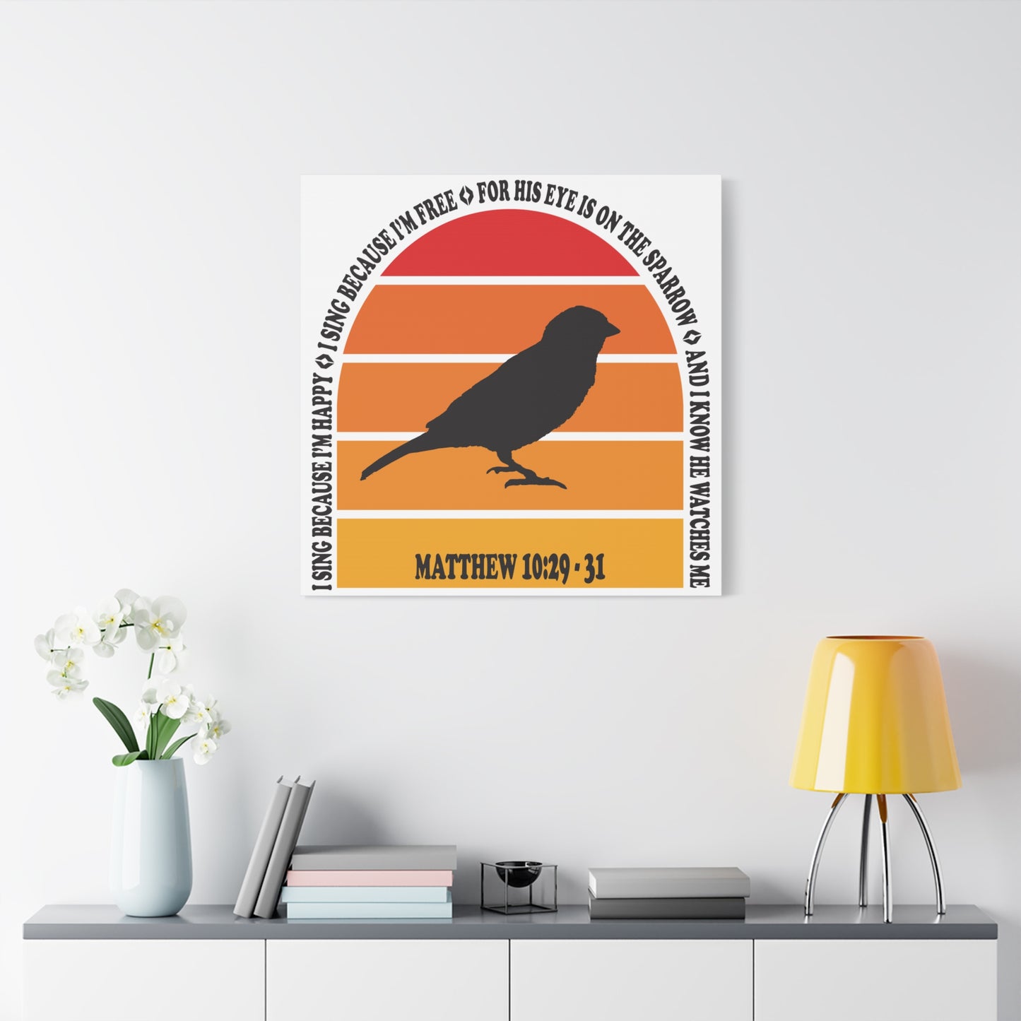 Inspirational Canvas Wall Art – "I Sing Because I'm Happy" with Sparrow