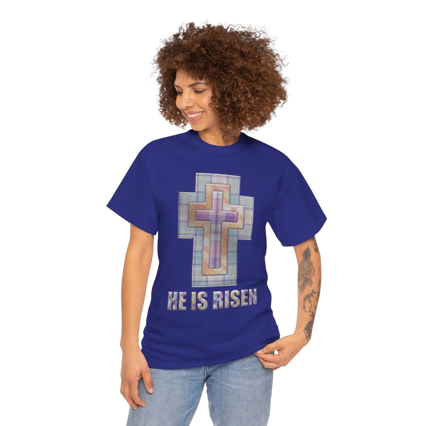 He Is Risen – Pastel Quilt Cross T-Shirt